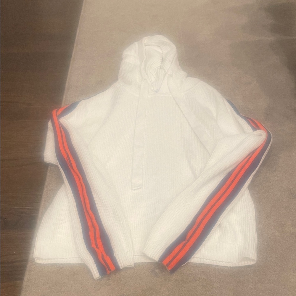 Cozy White Sweater with Red and Blue Stripes